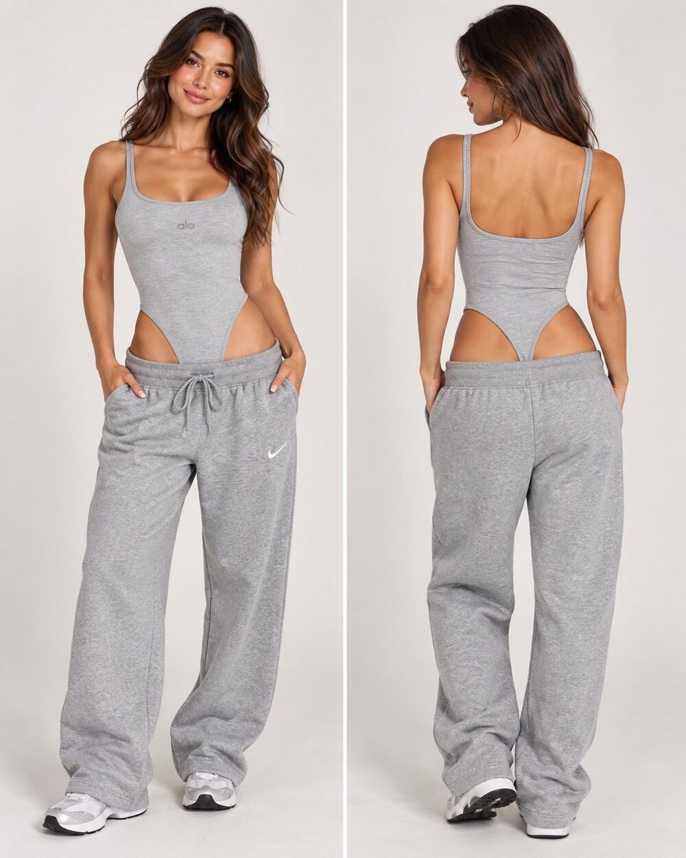 Nike + Alo Gray Athleisure Set Wide Leg Sweatpants Bodysuit